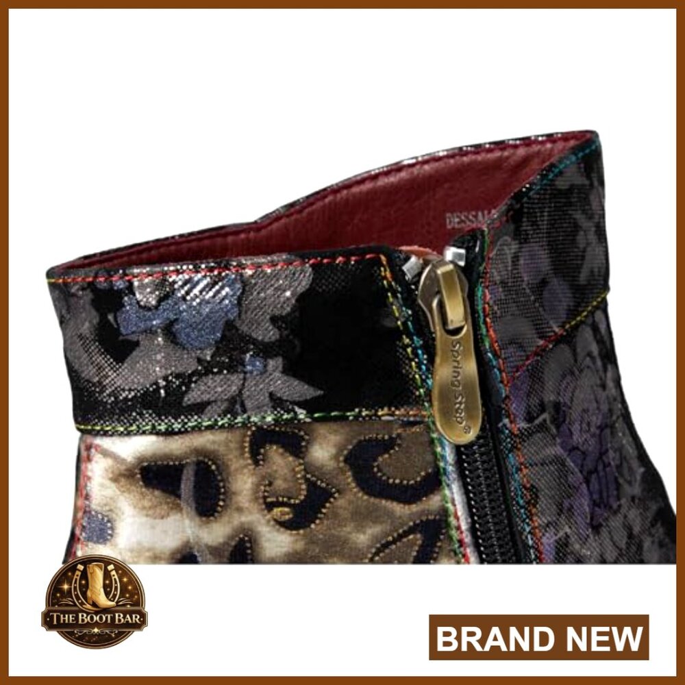 Floral Suede Ankle Booties with Velvet Accent, Side Zipper, Mid-Heel - Picture 7 of 7